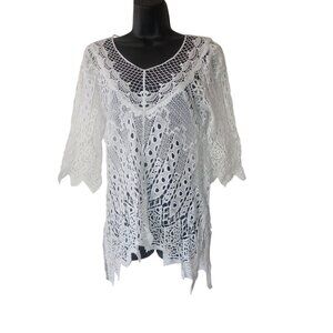 Mind Set By XCVI Womens White Lace Crochet‎ Tunic Cover Up Top S Beach Hi Low
